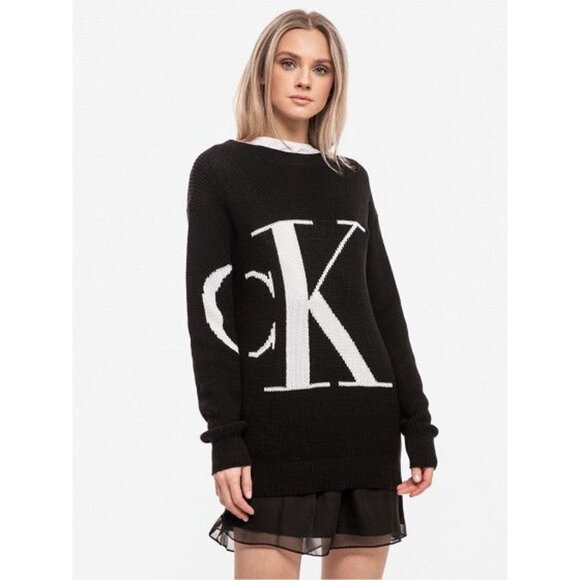 NWT Calvin Klein Jeans Womens Black White Oversized Soft Cozy Logo Sweater M Y2K - Picture 1 of 9